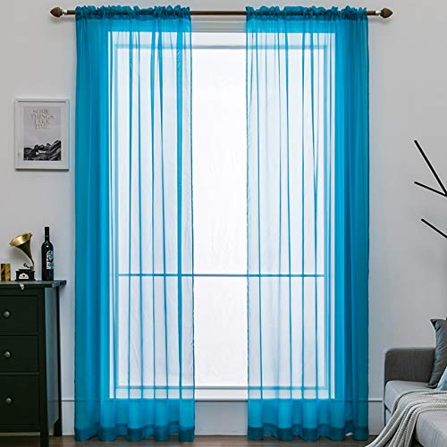 MIULEE Vorhänge Gardinen, Stangendurchzug Blau-Türkis, 2er Set 145x140cm | Transparente Gardine aus Voile, Luftig Leicht, Einfarbig Dekoschal für Wohnzimmer & Schlafzimmer