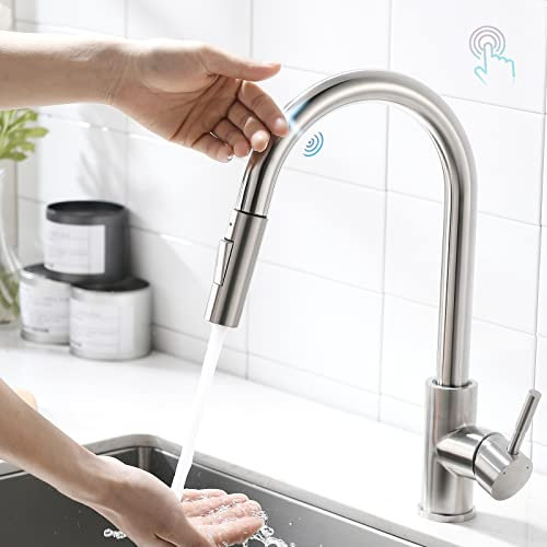 AIMADI Touch Sensor Wasserhahn Küche Armatur Küchenarmatur mit Brause Ausziehbar 360° Drehbar Spültischarmatur Mischbatterie Einhand-Spültischbatterie Gebürsteter Nickel
