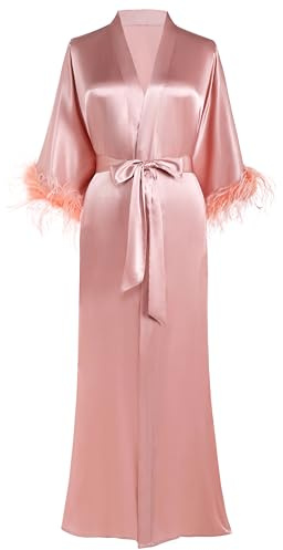 PRODESIGN Satin Kimono Robe Long Silky Bathrobe with Ostrich Feather Trim Sleepwear Wedding Bridesmaid Dressing Gown
