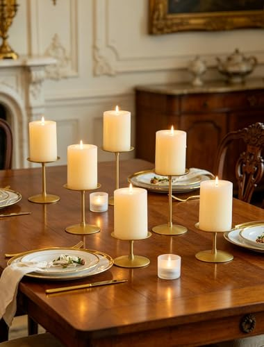 Romadedi Kerzenhalter für Stumpenkerzen aus Metall, 6er-Set, Gold | Moderne Kerzenständer aus Metall; Für Weihnachten, Hochzeit, Esstisch, Wohnzimmer und Geschenk Deko