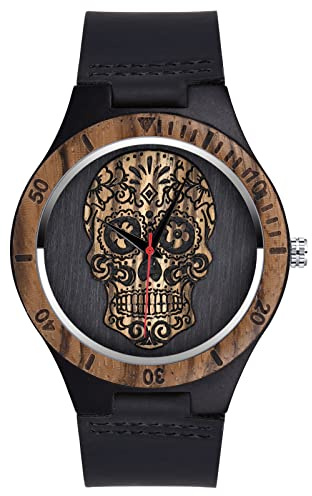 SUPBRO Montre analogique à Quartz pour Homme -Montre légère en Bois crâne Montre pour Homme