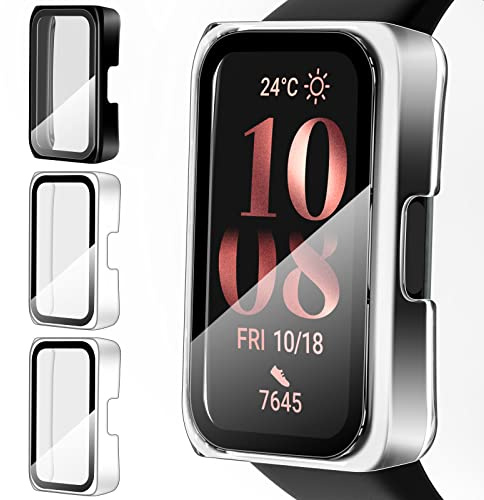 ivoler 3 Piezas Funda para Honor Band 7 / Band 6 / Huawei Band 7/6, Protección Completa Protector de Pantalla de Cristal Vidrio Templado Duro PC Anti-arañazos Carcasa, 2 Transparente + 1 Negro