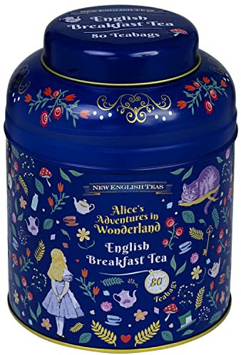 New English Teas Midnight Alice in Wonderland Tea Caddy with 80 English Breakfast Teabags