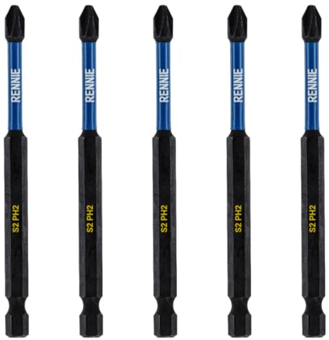 5 x Rennie Tools 100mm Long PH2 Impact Screwdriver Driver Bits Set | Magnetic Phillips No.2 Heavy Duty Impact Driver Bit Set. Extra Long PH2 Bits. Hex Shank. Cross Head. Black Oxide Coating