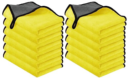 URAQT 500gsm Chiffons Microfibre de Nettoyage, 30x40cm 12pcs Chiffons de Nettoyage Extra épais en Microfibre Super Absorbant pour Lavage de Voiture, Séchage, Chiffons de Polissage（Jaune）