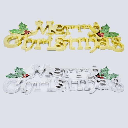Segnali natalizi con scritta Merry Christmas, da appendere, glitterati, con bacche di agrifoglio e foglie, per Natale, feste, decorazione per la casa. (oro + argento)
