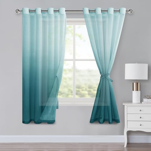 XWZO Voile Gardinen mit Ösen Vorhänge Farbverlauf Vorhang Sheer Ombre Gardinen 2 er Set für Schlafzimmer und Wohnzimmer Schlaufengardinen mit Raffhalter H160xB140cm Blau