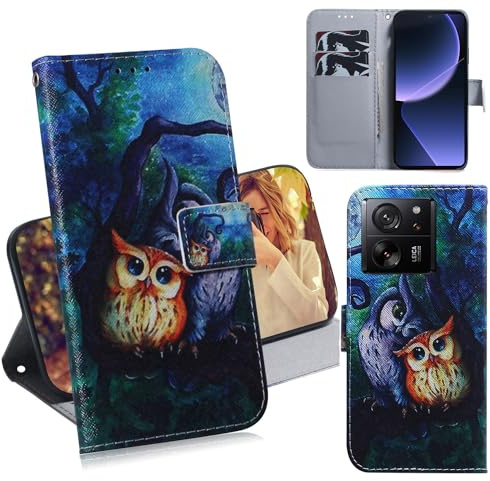 Ammeer Hülle für Xiaomi 13T/Xiaomi 13T Pro, Flip PU Leder Schutzhülle Handy Tasche Case Cover Wallet Standfunktion mit Kartenfächer Magnetverschluss - Eule