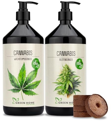Green Home Hanf- & Cannabis-Dünger Konzentrat Set - 1L Wachstumsdünger, 1L Blütendünger & 5 Quelltöpfe. Für 290L Wasser, Indoor/Outdoor/Autoflower. Ideal NPK-Balance, Mineralische Nährstoffe