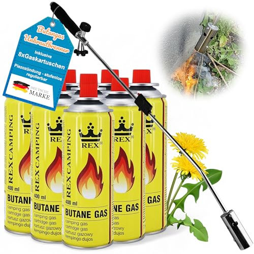 Unkrautvernichter inkl. 8 x Gaskartuschen - stabiler Unkrautbrenner mit Piezozündung stufenlos regulierbar – Unkrautentferner Gerät mit ergonomischen Griff
