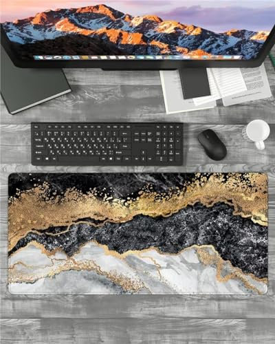 Mauspad XXL Mauspad Gaming 700x300x2mm, Mousepad XL mit Vernähte Kanten, rutschfeste Schreibtischunterlage Große für Verbessert Präzision (Schwarzgoldener Marmor)