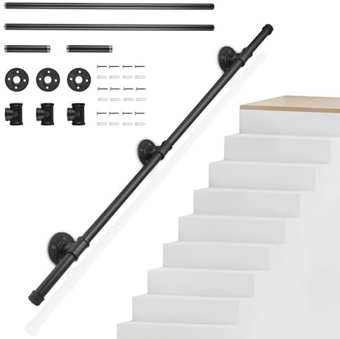 Handlauf für Treppen, Sunowl 1,2 M Treppengeländer Innen und Außen Geländer Wandhandlauf mit Zubehör rutschfest rostfrei Treppenhandlauf Schwarz geeignet für Küche, Bad, Treppenwandhandlauf