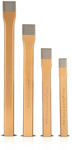 STAHLWERK Flachmeißel 4er Set Gold 175 | 200 | 250 | 300 mm Handmeißel aus gehärtetem Stahl zum professionellen Meißeln von Metall, Stein, Holz, Beton, Fliesen und Kunststoffen