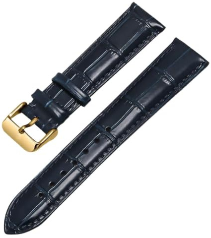 Qgsaghty Rindsleder-Uhrenarmband, 12–24mm, Leder-Uhrenarmband, Uhrenkette, goldene Dornschließe, blaue Linie, Blau, 21mm