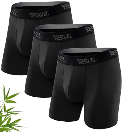 YESWEL Mens Bamboo Boxers, Longer Leg Boxer Shorts with Fly, Anti - Chafing Underwear Trunks, No Itchy Labels Underpants - Black, L, Pack of 3