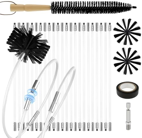 30 Feet Chimney Brush Cleaning Kit 4 Brush Head 23 Flexible Rods Compatible with Power Drill Particle Furnace Cleaning Brush, Ideal for Chimney, Fireplace, Flue, Dryer Vent & Sewage Pipe
