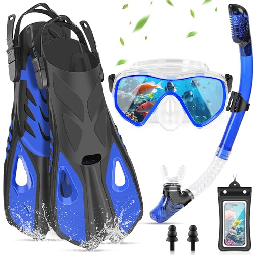 IEEILULU Schnorchelset Erwachsene, 7-teiliges Schnorchelausrüstung mit Anti-Fog Taucherbrille, Flossen, Trockenschnorchel, wasserdichte Handyhülle Ohrstopsel und Tragetasche (Blau, S/M)