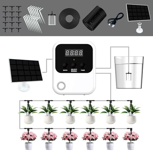 Automatische Bewässerung Indoor, Zimmerpflanzen Bewässerung für 15 Topfpflanzen, 600 Bewässerungsmodi Wiederaufladbarkeit Bewässerungssystem,Timing Automatic Watering System (USB+Solar)