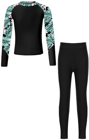 RUNQHUI Barn flicka 2-delad baddräkt anti-UV surfset simning sport rashguard badkläder, svart, 9-10 �r