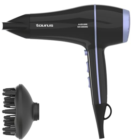 Taurus – Secador Alize 2200 Ion-Ceramic, 6 ajustes de Velocidad y Temperatura, Golpe de Aire frío, Recubrimiento cerámico, Motor DC, Incluye concentrador y difusor, Negro