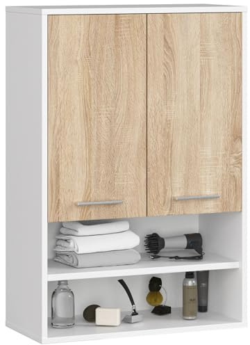 AKORD Badezimmer-Hängeschrank FIN 64 cm 2 Türen 2 Regalböden 2 offene Fächer B64xH94xT30 cm - mit Ablagen - Badschrank, Wandmontiert Gewicht 8,10kg Weiß & Eiche Sonoma