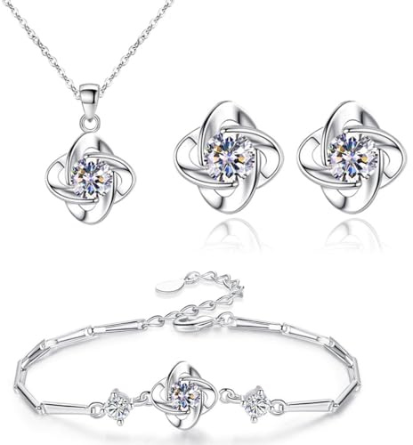 SanKristo Conjuntos de Joyas con Collar y Pendientes de Plata con Trébol de Cuatro Hojas, Conjuntos de Joyas con Colgante Floral para Mujer con Circonitas Brillantes