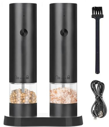 ANCLLO Molinillo eléctrico de Sal y Pimienta (2 Unidades), Recargable por USB, con Base de Almacenamiento, Grosor Ajustable, Cable de Carga y Base de Cepillo.
