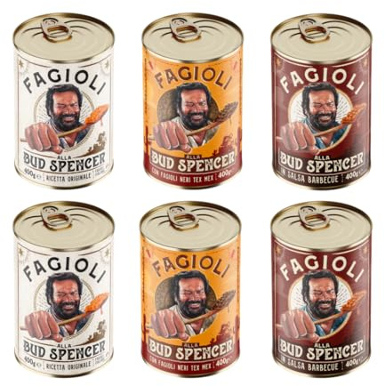 MIX Fagioli BUD SPENCER - 2 Barattoli Fagioli Pinto Ricetta originale + 2 Barattoli Fagioli Neri Tex-Mex + 2 Barattoli di Fagioli salsa Barbecue, Barattoli da 400gr - PRODOTTO ORIGINALE BUD POWER