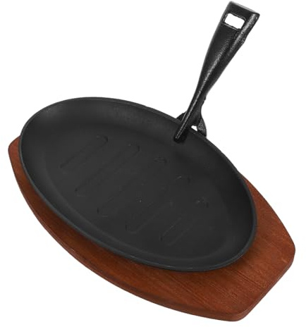 Amosfun Sartén de Hierro Fundido para Steak Bandeja de Madera Antiescaldadura Placa Parrilla Rayada para Cocina Profesional y Barbacoa Casa