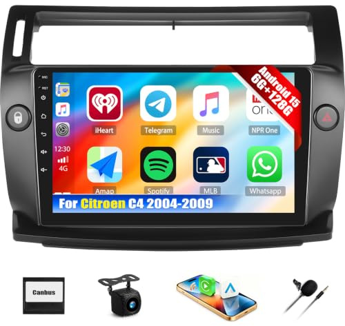 6G+128G GOHHDL Android 15 Radio Coche para Citroen C4 2004-2009 | 9 Pulgadas 2Din Pantalla Táctil con Carplay Android Auto inalámbrico GPS WiFi Bluetooth FM/RDS SWC Cámara&Mic