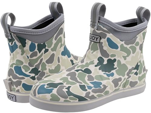 Buoy Deck Boots for Women - Water Boots for Women, Waterproof Ankle Rain Shoes, Ladies Rubber Rainboots, White Duck Camo, Size 8