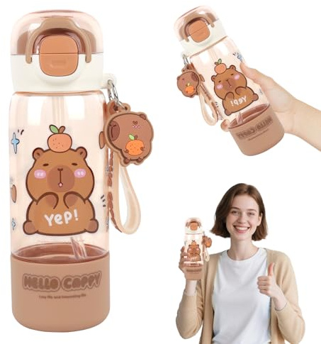 Hojalis Capybara Water Bottle, 510ml Capybara Drinking Bottle with Lid & Keychain, Cute Drink Bottle with Silicone Straw Drinking Cup & Spout Portable Heat Resistant for Office Outdoor Travel School