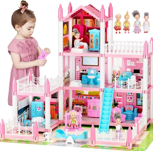 Doll Houses for Girls, Playhouse 3-Story 6 Rooms with 4 Dolls & Furniture Accessories & Flashing Lights, Princess Doll House Toy Toddler Birthday Gift for 3 4 5 6 7 8 Year Old