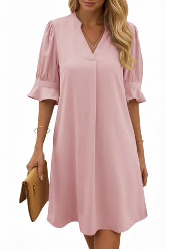 Cicy Bell Robe d'été élégante pour femme - Manches mi-longues - Col en V - Robe de fête - Robe de loisirs - Couleur unie - Robe midi décontractée - Robe courte