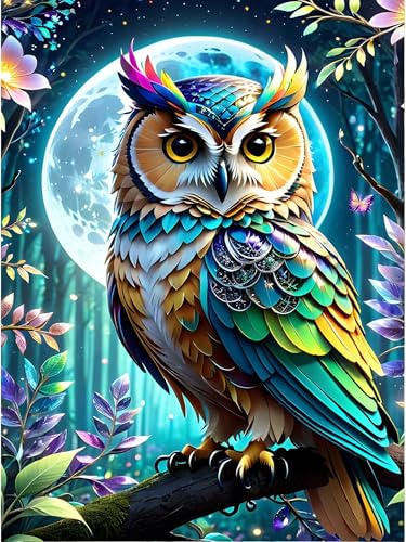 ParNarZar 5D Diamond Painting Eule Mond 30x40cm, Diamant Painting Bilder mit eckigen Steinen, Diamond Painting Set für Erwachsene