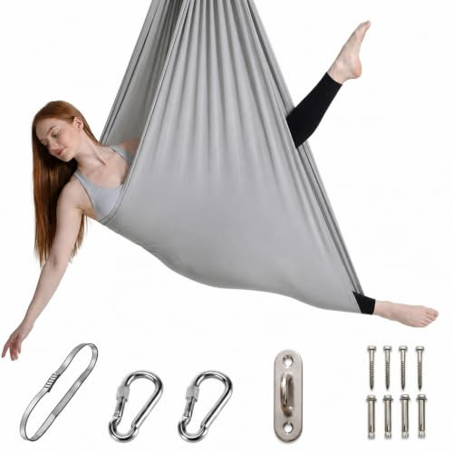 Aerial Yoga Tuch 150 x 280 cm Grau, Yogaschaukel Hängematte | 150 x 280 cm Aerial Yoga Tuch in Grau mit Karabinerhaken und Montagegurten, bis 200 kg belastbar.