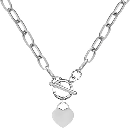 Accessories 925 Sterling Silver Coin Toggle Necklace For Women, Paperclip Chain Padlock Pendant - Lock And Key, Heart,