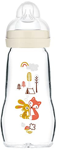 MAM Feel Good Glass Bottle | 1 Pack (1 x 260ml) | MAM Glass Bottle with Medium Flow Teat Size 2 | Baby Accessories for Newborn | White (Various Designs)