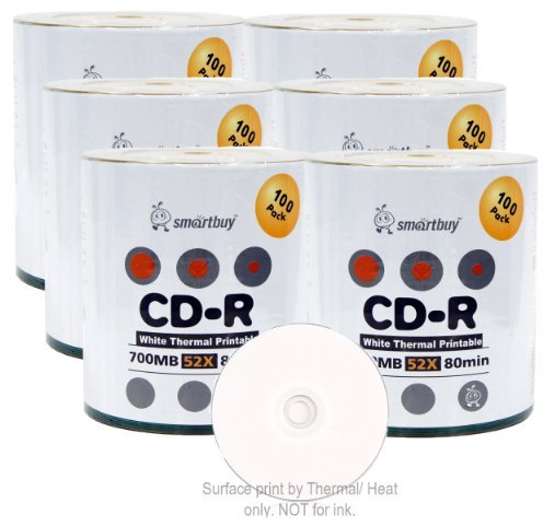 Smart Buy CD-R 600 Pack 700mb 52x Thermal Printable White Blank Recordable Discs, 600 Disc, 600pk