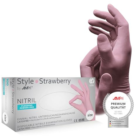 AMPri Nitrilhandschuhe, rosa, 100 Stück/Box, Größe L, puderfrei, Style Strawberry by Med-Comfort: Nitril Einmalhandschuhe, Einweghandschuhe in den Größen XS, S, M, L, XL