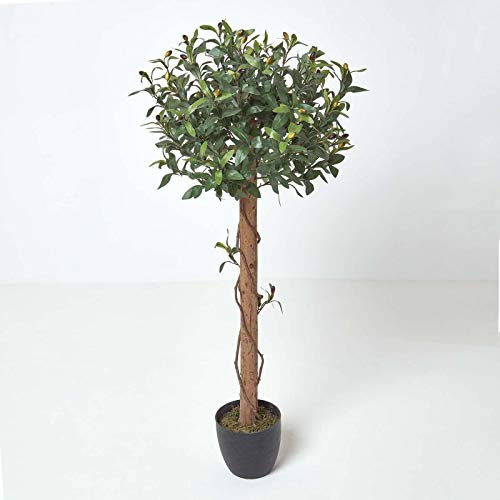 HOMESCAPES Artificial Olive Tree in Black Pot Measuring 4 ft (122 cm) Tall Faux Olive Plant for Indoors with Real Wood Stem