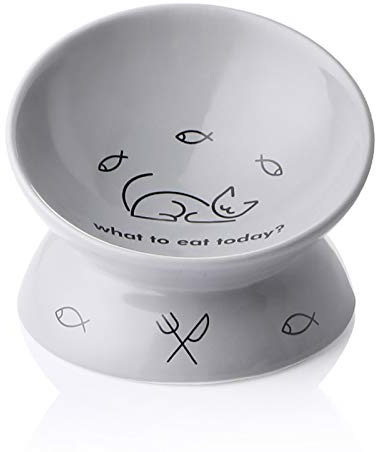 Sweejar Home Ceramic Raised Cat Bowls, Slanted Cat Dish Food or Water Bowls, Elevated Porcelain Pet Feeder Bowl Protect Cat's Spine, Stress Free, 140ml, Backflow Prevention (Gray)