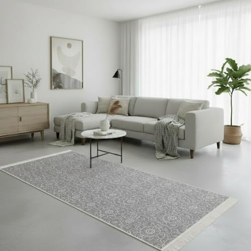 Jimri Teppich Läufer - Tepiche für Wohnzimmer, Schlafzimmer, Küche, Kinderzimmer, Badezimmer - Boho Kelim - Läufer Flur, Hellgrau-Creme, Größe: 80x150 cm