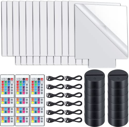 Riakrum 12 Pieces LED Light Base with Clear Acrylic Sheet 3D Night LED Lamp Display Base 16 Colors and 4 Modes Remote Control USB Cable for DIY Craft Room Bar Gift Lamp Light Set (Square Sheet)