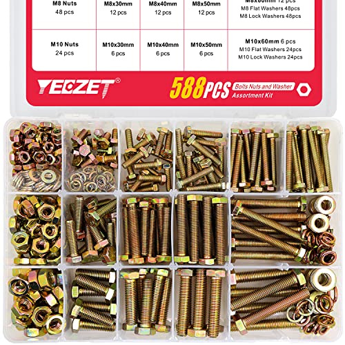 YEEZET 588 bulloni e dadi resistenti M6 M8 M10, grado 8,8, set di rondelle piatte e di bloccaggio, include 13 misure più comuni