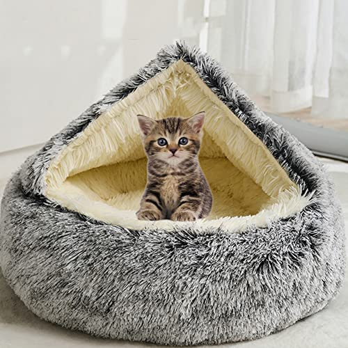 SEDOXX Haustierhöhle Bett Katzensofa Halbgeschlossen Katzenhaus Haustiernest für Kätzchen Welpen 2-in-1 Bett Katzenkissen Bett Indoor Katze Schlafbett Plüschzelt gemütlich, Plüsch, 65 cm, Grau
