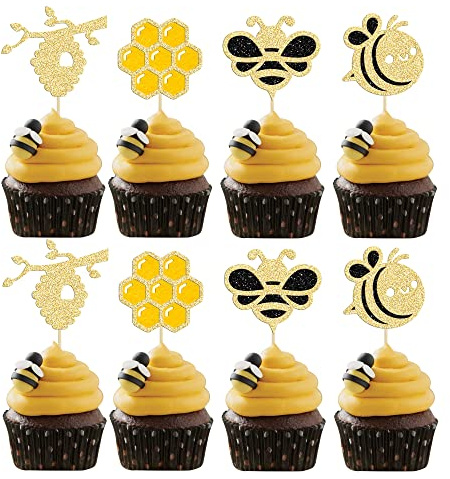 Gyufise 24Pcs Bumble Bee Cupcake Toppers Glitter Heart Honeycomb Bee Cupcake Picks BaBy Shower Cake Decorations for Bee Theme Baby Shower Kids Birthday Party Supplies