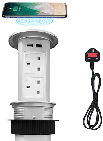 ZESHAN motorised pop up sockets for kitchen worktops with wireless charging, 4 UK plugs, 2 USB A and 2 USB C Charging for Kitchen Counter, Conference Room, Silver