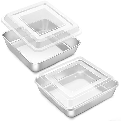 Onader 9x9 Inch Baking Pan with Lid Set, Stainless Steel Square Cake Brownie Pan, Set of 2 (2Pans + 2Lids)