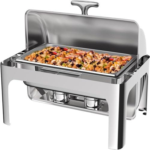 JIANGSS Chafing Dish Buffet-Set, 9 l, Speisenwärmer-Set mit sichtbarem Rolldeckel, Essenstablett, Brennstoffregal für Hochzeiten, Partys, Bankette, Essen (Pfanne in voller Größe),Steel-2